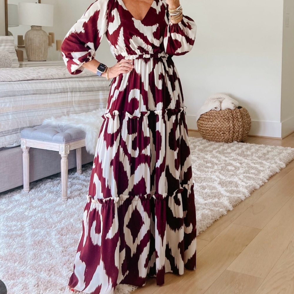 Satin Printed V-Neck Tiered Maxi Dress